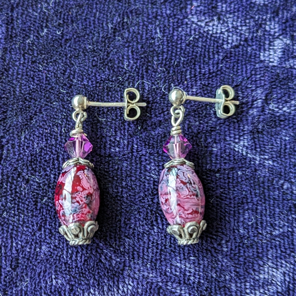 Vintage 925 Sterling Silver Drop Dangle Earrings With Burgundy Red Gemstones